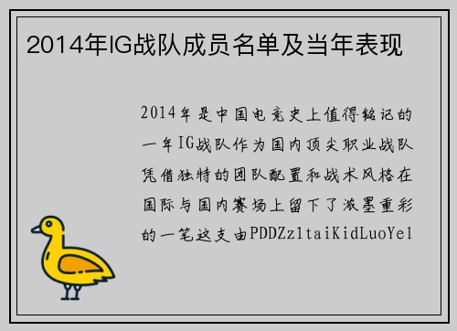 2014年IG战队成员名单及当年表现