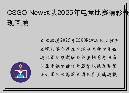 CSGO New战队2025年电竞比赛精彩表现回顾